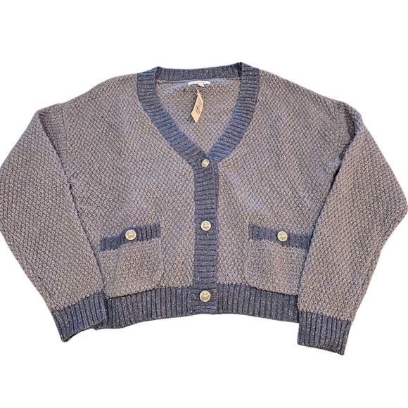 LC Lauren Conrad Womens Sz M V NEck Cardigan Sweater Blue Metallic Weave NEW - Picture 1 of 6